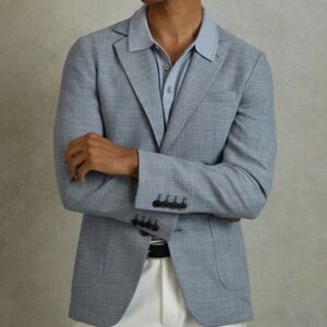Reiss Soft Blue Aphrodite Single Breasted Blazer With Cotton, Size 40, Soft Blue